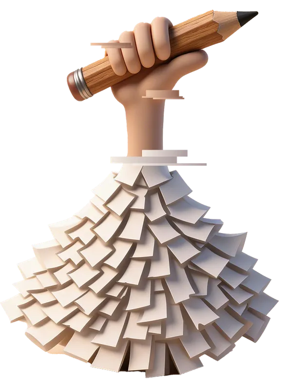 A hand holding a pencil rising from a pile of sticky notes